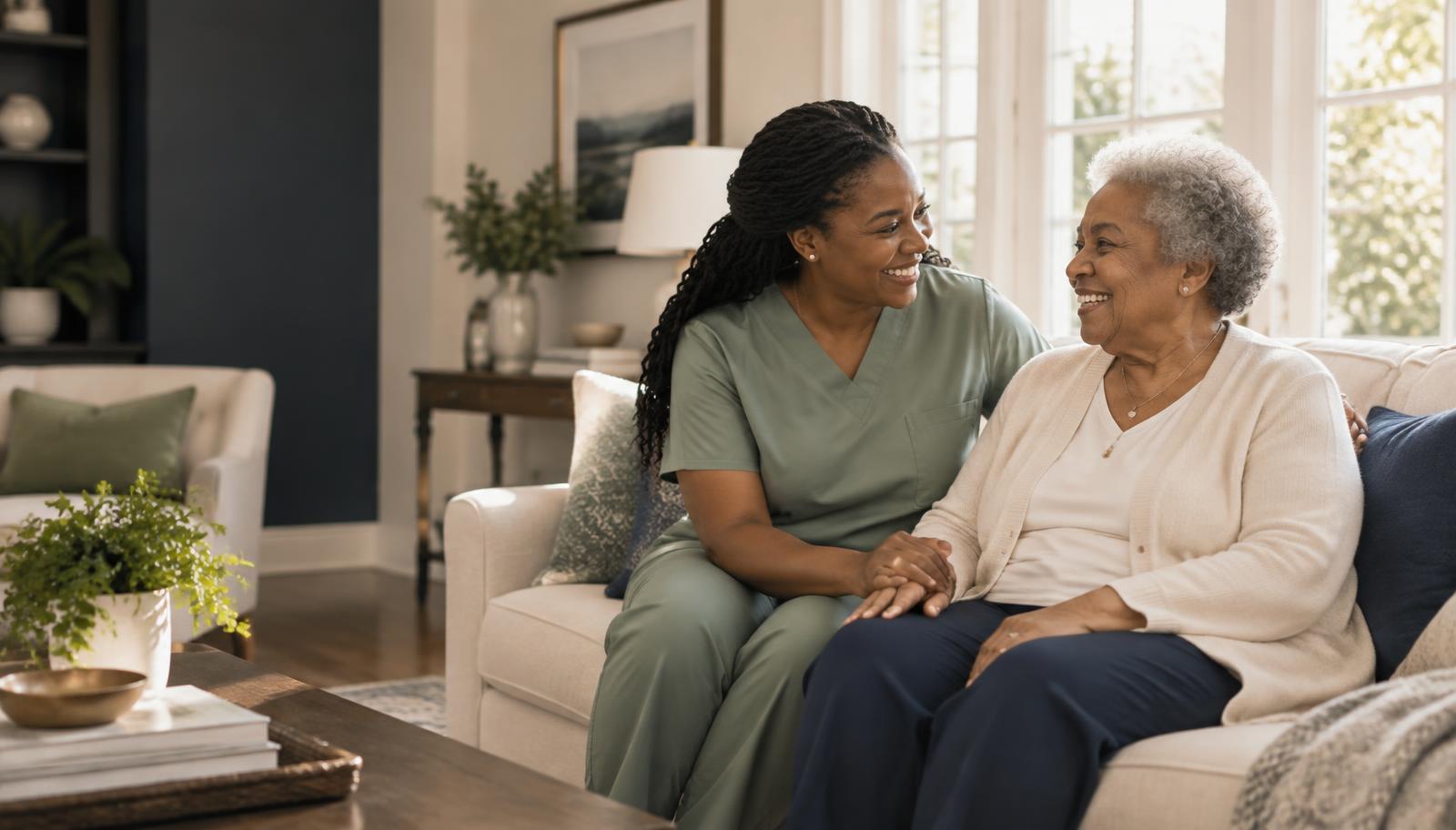 Smiling caregiver sharing a trusting moment with an older woman at home