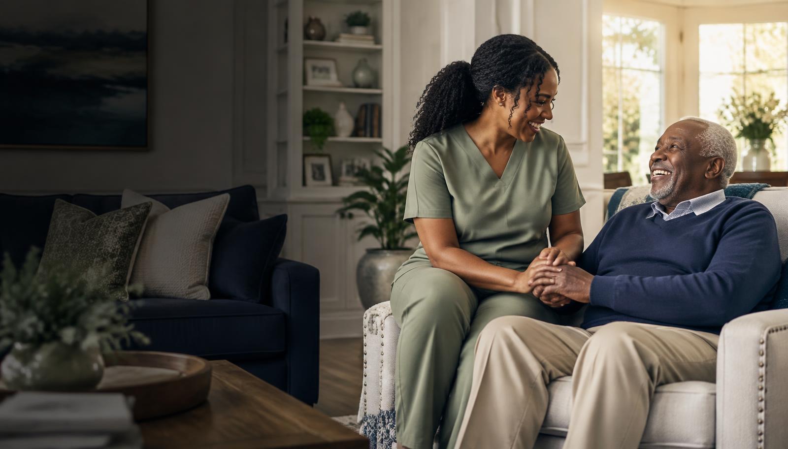 Smiling caregiver holding hands with an older adult at home