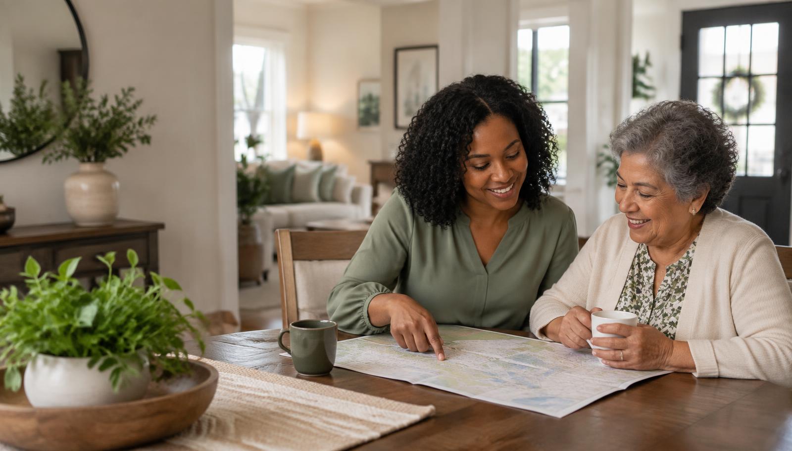 Caregiver and older adult smiling together while reviewing a local map