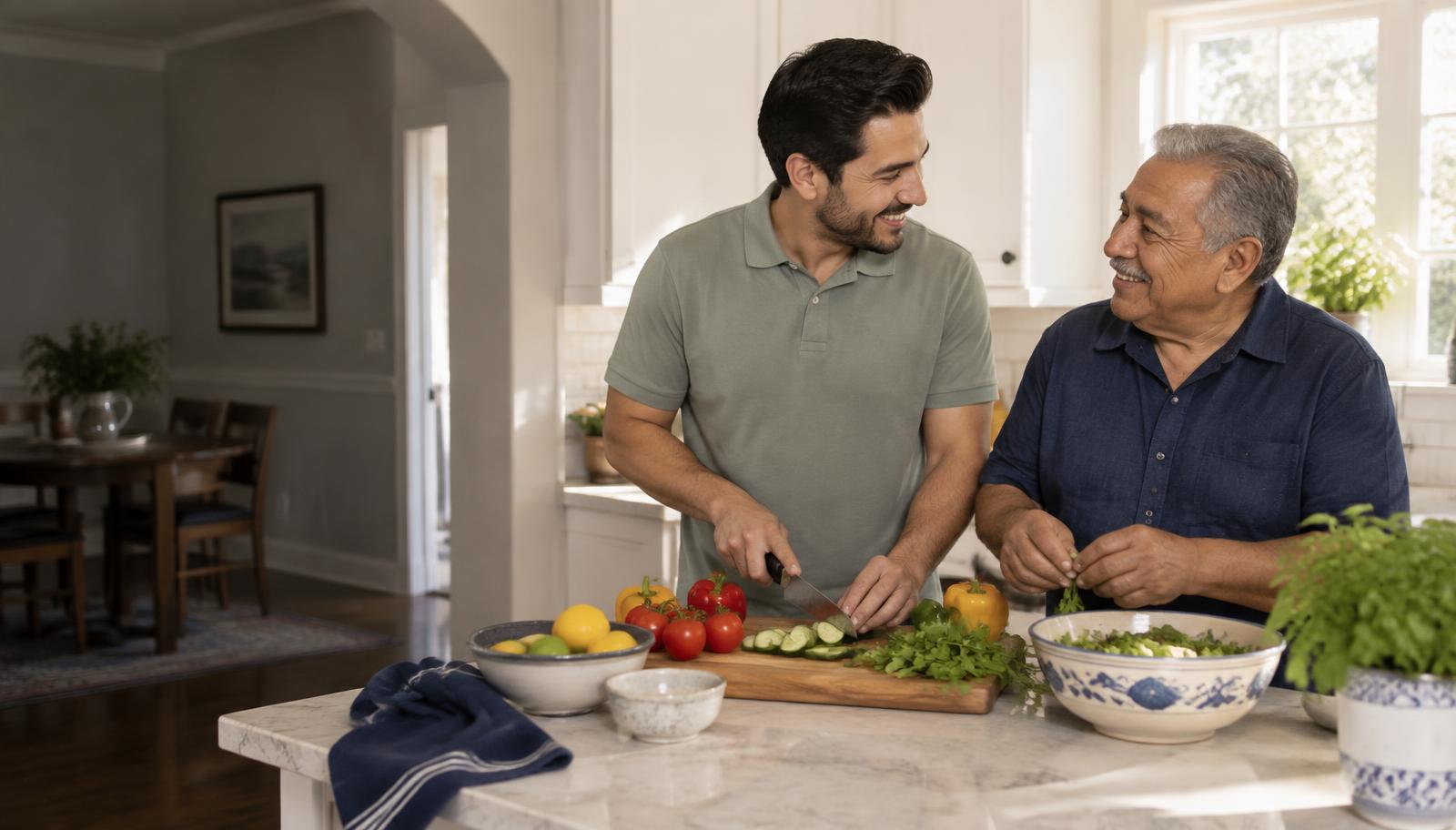 Caregiver and older adult smiling while preparing a meal together