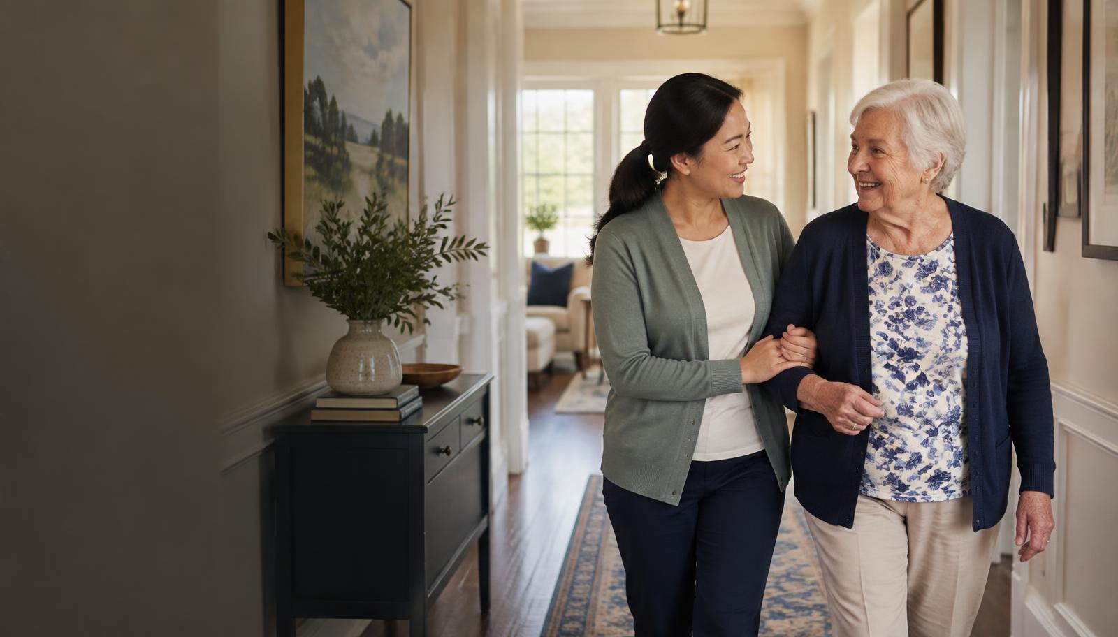 Caregiver safely supporting a smiling older woman as they walk at home